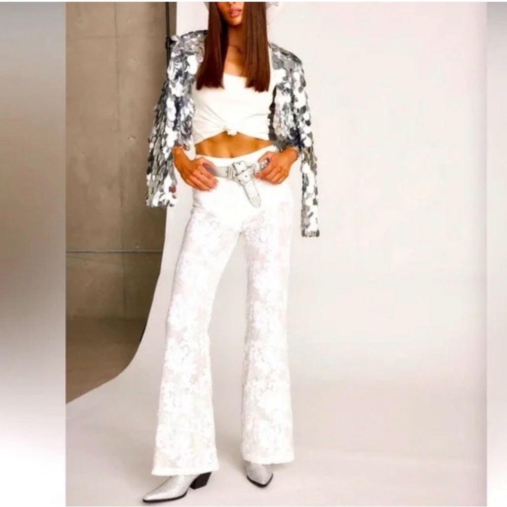 12th Tribe Bridal/Evening White Lace Sequin Flare Pants. Sz Medium. NEW.